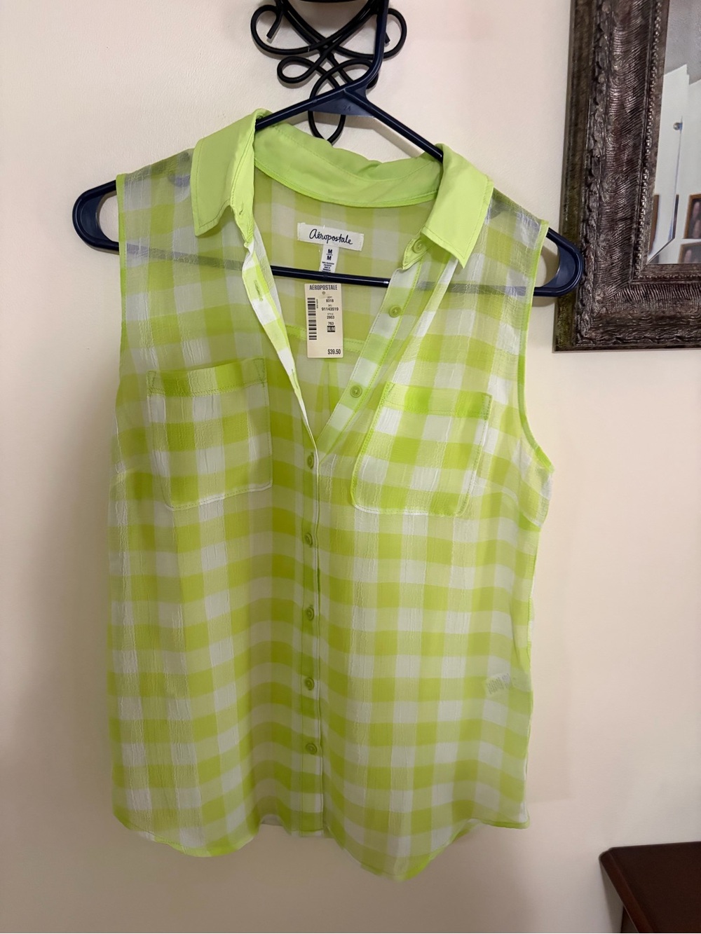 Aeropostale Lime and White Gingham Sleeveless Shirt